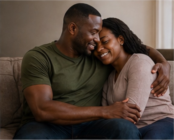 An African couple cuddling on a sofa